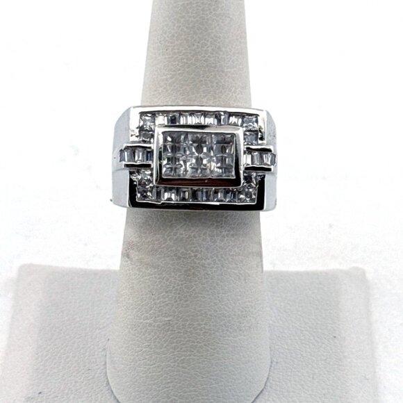 Estate Sterling Silver 925 Men’s Ring Size 7 Rectangle Cluster CZ 12.6g Heavy - Picture 1 of 8